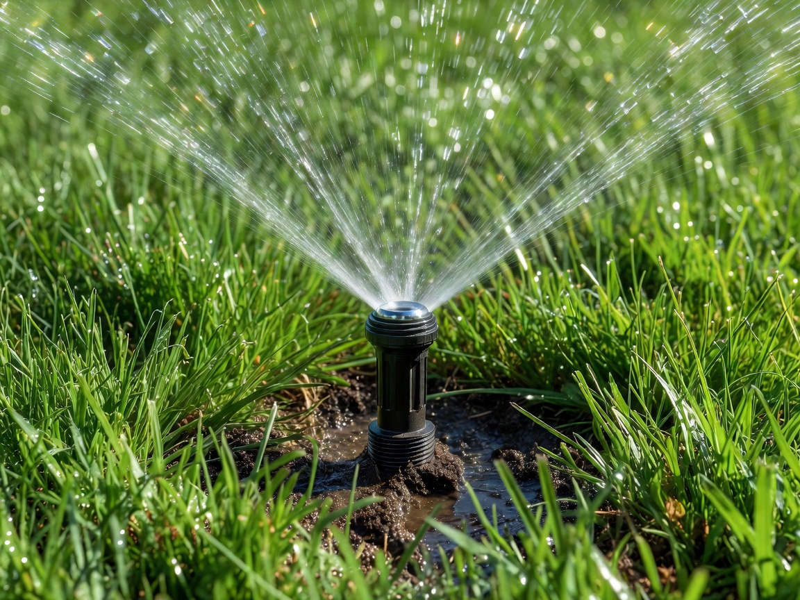 Close-up photograph of an installed sprinkler head watering lush green grass