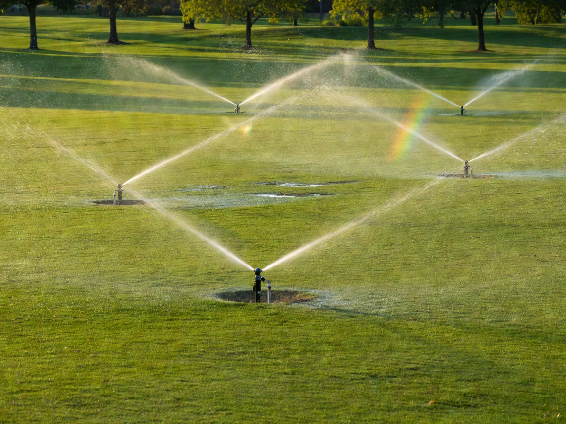 Completed irrigation system operating on a large lawn