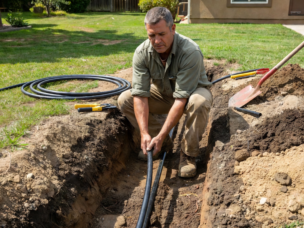 Installer laying underground irrigation pipe