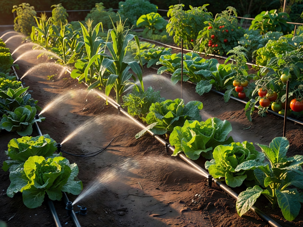 Irrigation operating in planted garden beds
