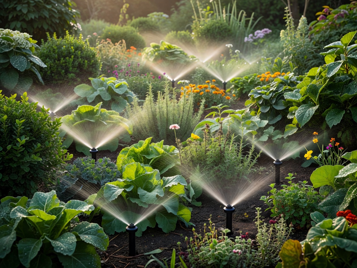 Micro-sprinkler system watering dense planted garden beds and border shrubs