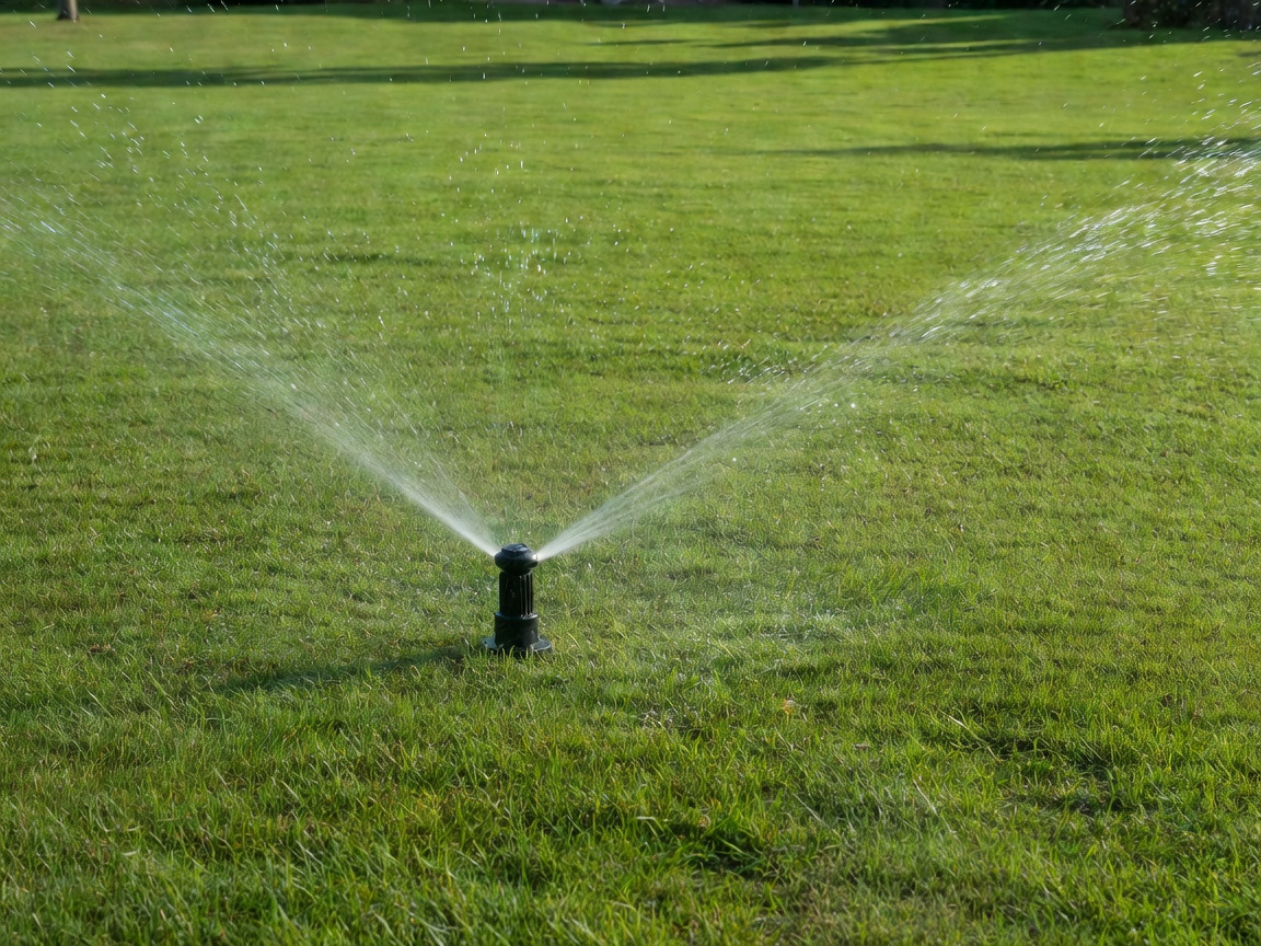 Pop-up sprinkler head actively watering a freshly cut expansive residential lawn