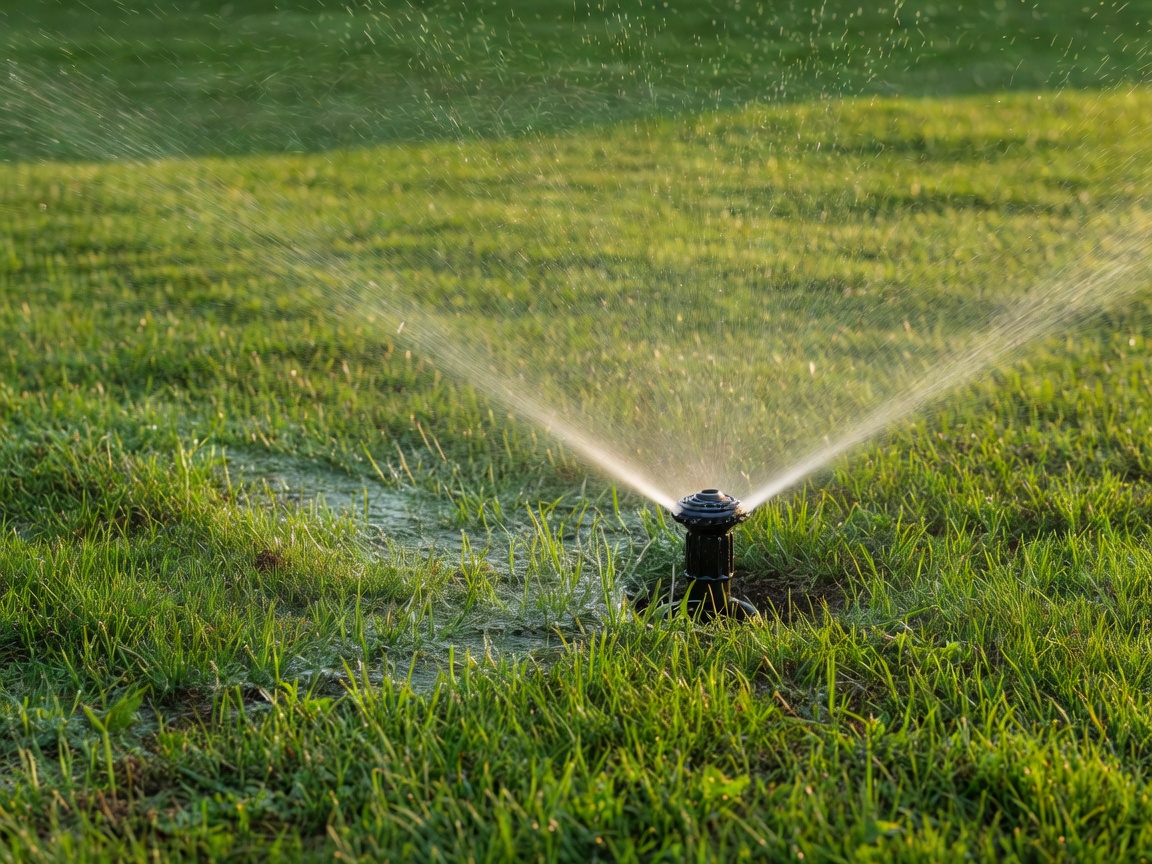 Pop-up sprinkler head actively watering a freshly cut residential lawn