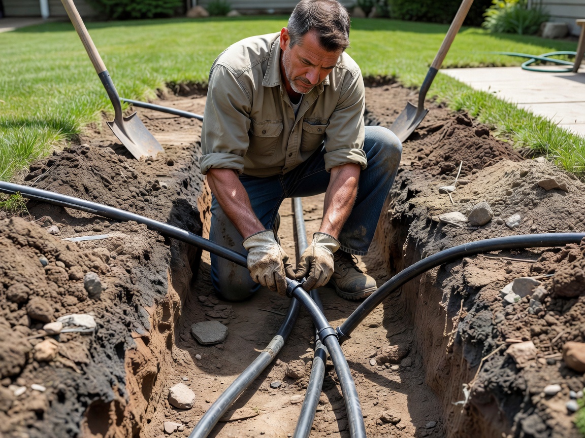 Professional installer fitting underground irrigation pipes in a trench