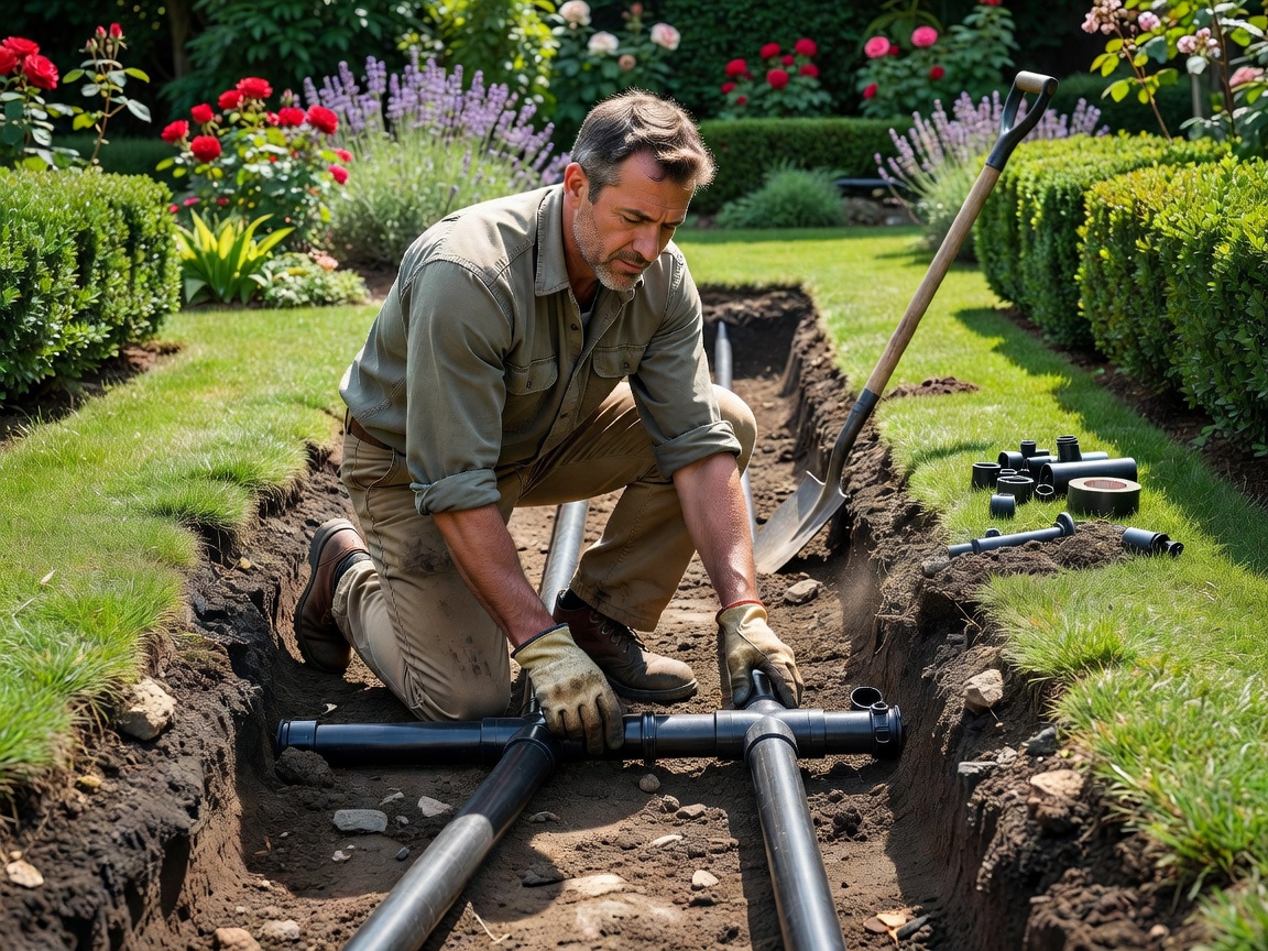 Professional installer laying underground irrigation pipes in a residential garden trench