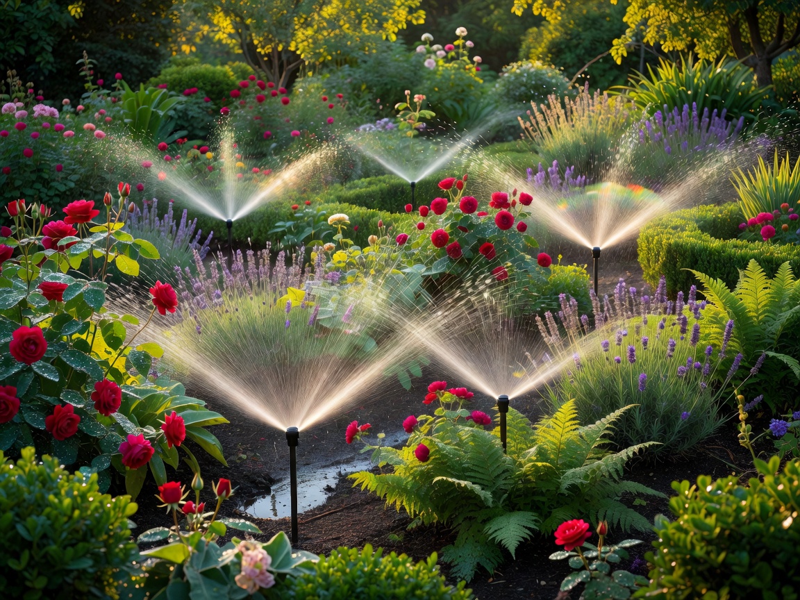 Sprinkler system watering dense garden beds and border plants