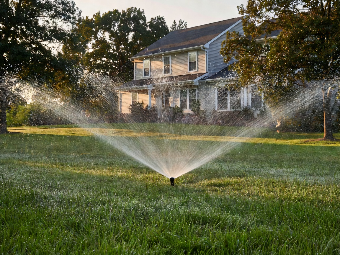 Sprinkler system watering residential lawn