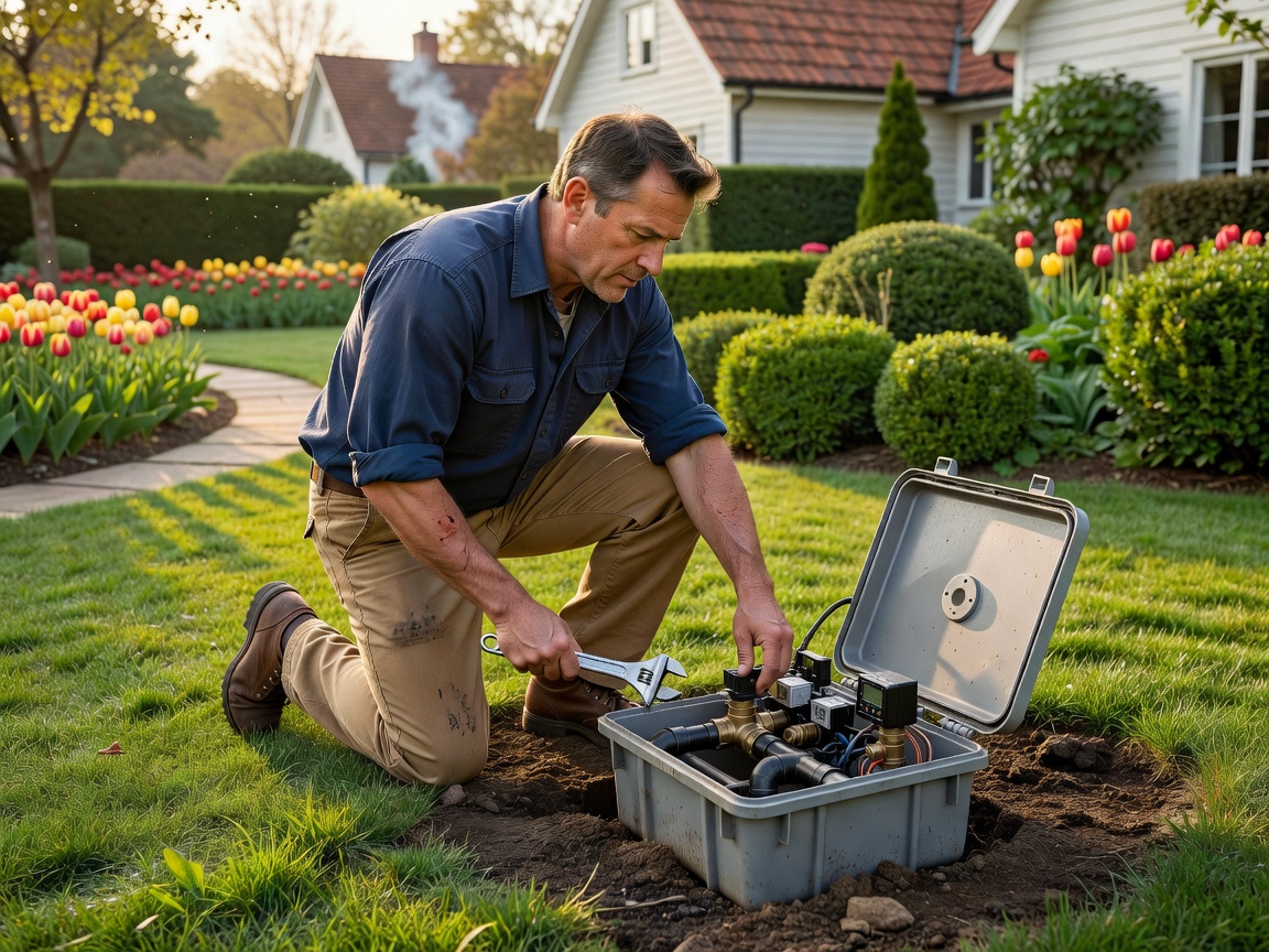 Technician inspecting an irrigation control valve box in a residential garden