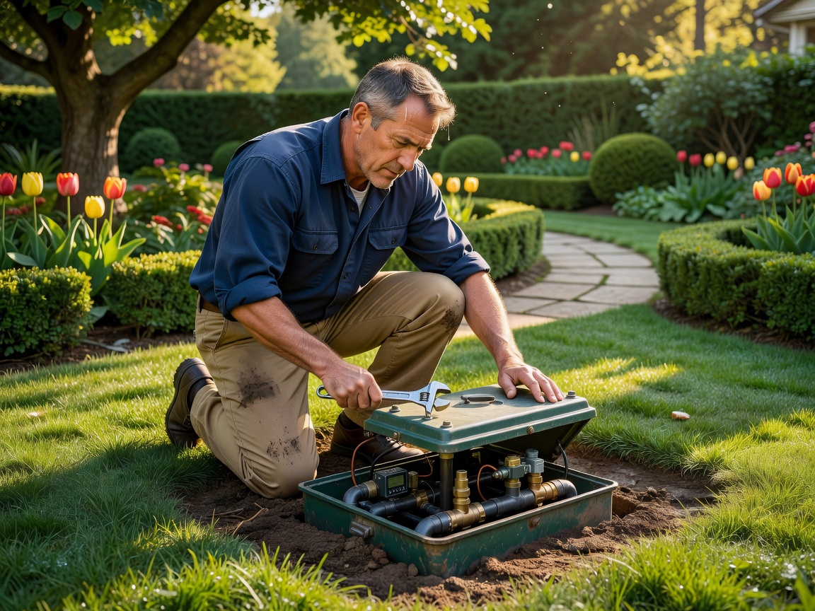 Technician inspecting an underground irrigation control valve box in a residential garden