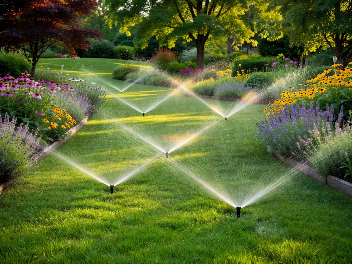 Lush residential garden after irrigation installation