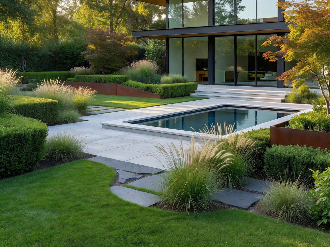 View of a modern residential garden with a subtle water feature and irrigation layout