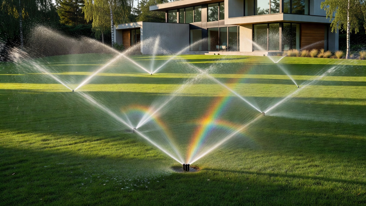 Wide view of a modern residential lawn being watered by installed sprinkler heads